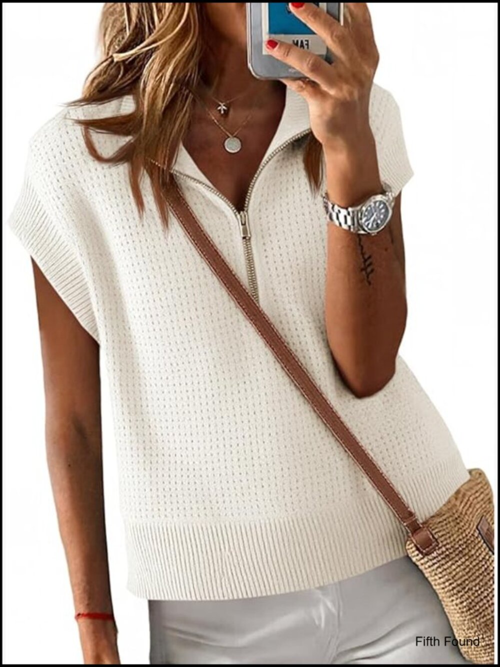 Womens Cropped Half Zip Pullover Sweater Vest Cap Sleeve Oversized